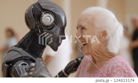 Elderly woman joyfully dancing with a robotic companion in a vibrant social gathering 124813174