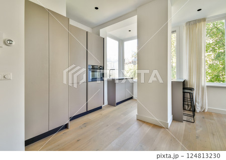 A contemporary kitchen featuring sleek cabinets, large windows, and natural light, designed for functionality and aesthetics in a minimalist style. A contemporary kitchen featuring sleek cabinets, large windows, and natural light, designed for functionality and aesthetics in a minimalist style. 124813230