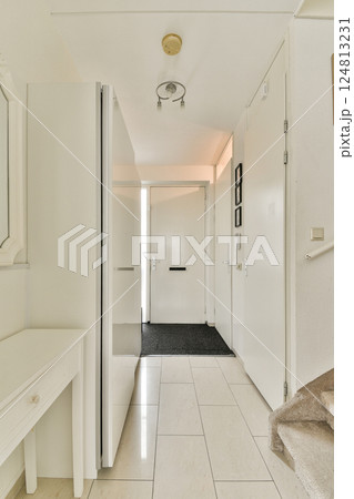 Bright and spacious hallway showcasing modern design elements, featuring a sleek console table, contemporary doors, and clean lines that invite natural light. 124813231