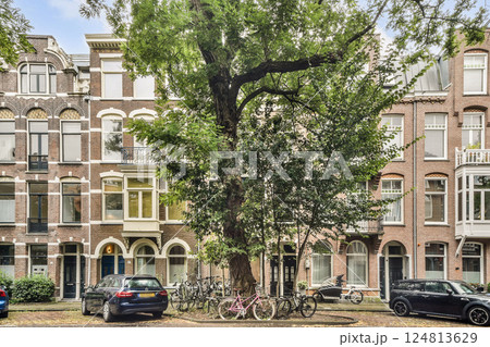 Elegant row of historic buildings framed by trees, showcasing unique architectural styles and urban life in Amsterdam. 124813629