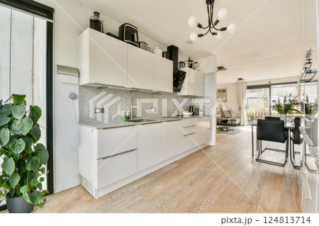 Bright and stylish kitchen featuring modern cabinetry, elegant flooring, and indoor plants, seamlessly blending functionality with aesthetics. Bright and stylish kitchen featuring modern cabinetry, elegant flooring, and indoor plants, seamlessly blending functionality with aesthetics. 124813714