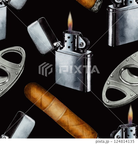 Watercolor Seamless Pattern with Lighters, Cigars, and Cutters Watercolor Seamless Pattern with Lighters, Cigars, and Cutters 124814135