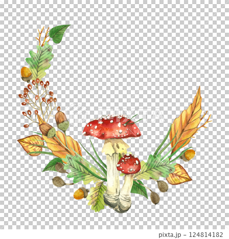 Watercolor wreath of autumn leaves, acorns, oak leaves, red fly agaric and tree branches. All objects are hand-painted with watercolors. Suitable for printing on fabric, paper, for postcard decoration Watercolor wreath of autumn leaves, acorns, oak leaves, red fly agaric and tree branches. All objects are hand-painted with watercolors. Suitable for printing on fabric, paper, for postcard decoration 124814182