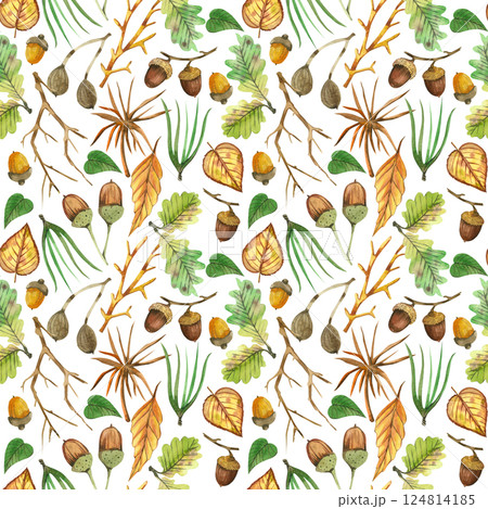 Seamless watercolor pattern. Tree branches, nuts, acorns, green leaves, berries, forest plants, all objects are painted with watercolor. For printing on fabric, home textiles, kitchen textiles. 124814185