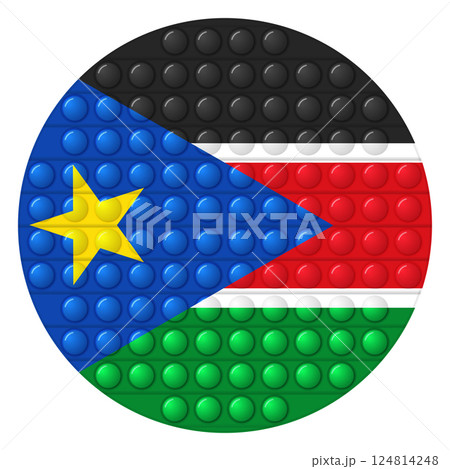 Glass light ball with flag of South Sudan. Round sphere, template icon. Sudanese national symbol. Glossy realistic ball, 3D vector illustration. Trendy antistress game pop it, simple dimple.Big bubble 124814248