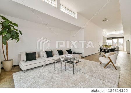 Contemporary living room featuring a stylish sofa, coffee table, and decorative plant enhancing the minimalist aesthetic. Contemporary living room featuring a stylish sofa, coffee table, and decorative plant enhancing the minimalist aesthetic. 124814396