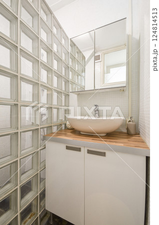 A stylish bathroom featuring glass block walls, sleek storage, and minimalistic design elements emphasizing functionality and elegance. 124814513