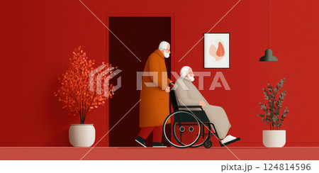 caregiver assists elderly person in wheelchair in modern red interior 124814596