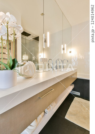 A stylish and contemporary bathroom features a clean design with minimalist elements, showcasing sinks, mirrors, and decorative plants for a serene ambiance. 124814962