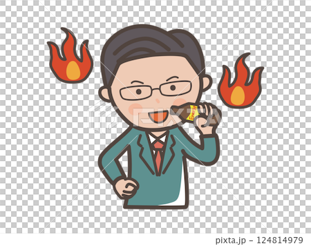 An upper body illustration of a middle-aged, elite-style male businessman drinking an energy drink to get himself motivated 124814979