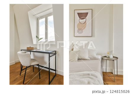 A stylish modern interior featuring a cozy workspace and a comfortable seating area, emphasizing minimalism and natural light. 124815026