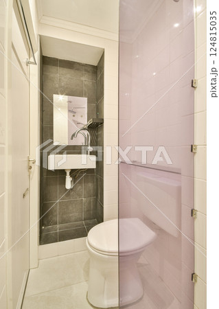 A sleek and modern bathroom featuring minimalist design elements. The clean lines and neutral colors are accentuated by effective use of space and light. 124815035