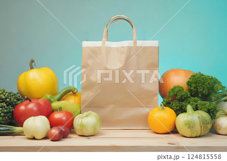 Fresh vegetables in a craft bag on a dark wooden background. The concept of healthy vegetarian food from the market or delivery from the farm store. 124815558