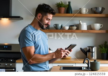 Young fun smiling confident freelancer man 20s in casual clothes hold use work on laptop pc computer browsing internet in light kitchen at home alone indoor. People lifestyle concept. 124815559