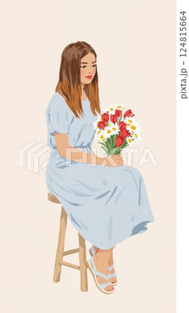 A woman is sitting on a stool holding a bouquet of flowers 124815664