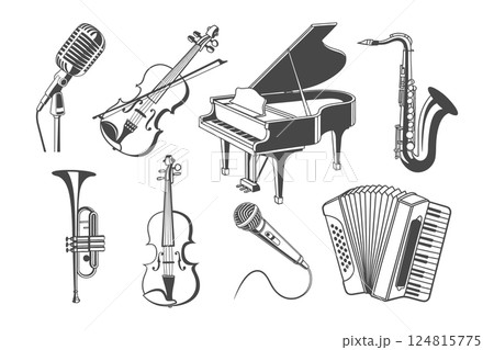 Musical instruments icons set. Piano, violin, saxophone, trumpet, accordion, microphone. Illustration, silhouettes. 124815775