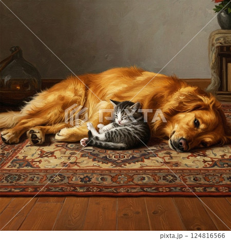 お昼寝をする犬と子猫 お昼寝をする犬と子猫 124816566