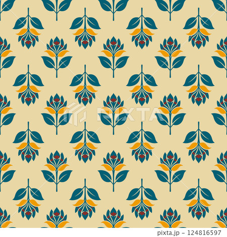 A pattern of flowers and leaves in a blue and yellow color scheme A pattern of flowers and leaves in a blue and yellow color scheme 124816597