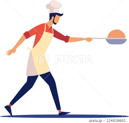 A man in a chef's hat is holding a pan and a spatula 124816601