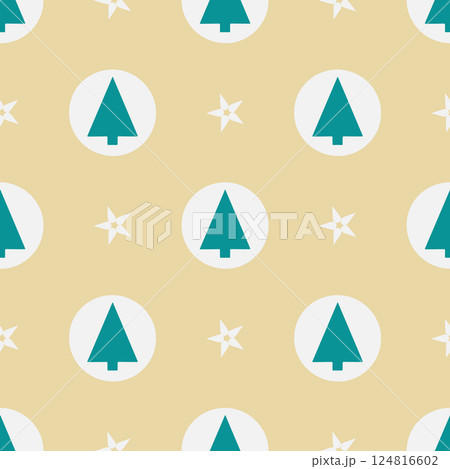 A pattern of Christmas trees and stars is displayed on a tan background A pattern of Christmas trees and stars is displayed on a tan background 124816602