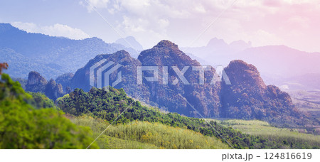 Mountains and tropical forest of Thailand - beautiful classic panorama view of the landscape in Khao Sok Park. The concept is a passion for traveling in Southeast Asia Mountains and tropical forest of Thailand - beautiful classic panorama view of the landscape in Khao Sok Park. The concept is a passion for traveling in Southeast Asia 124816619