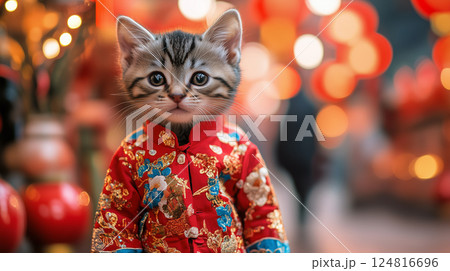 A small pet dressed in festive clothing enjoys the Chinese New Year celebration amidst decorations 124816696