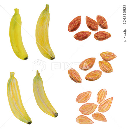 バナナとアーモンドの水彩画と色鉛筆画 124816922