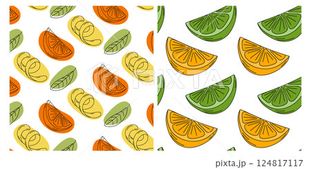 Lime Orange Lemon rind Citrus Seamless Pattern Outline on Colorful spot and Trendy Pop art Backdrops Lime Orange Lemon rind Citrus Seamless Pattern Outline on Colorful spot and Trendy Pop art Backdrops 124817117