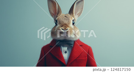 A charming rabbit in a red suit is ready for Easter against a white background copy space A charming rabbit in a red suit is ready for Easter against a white background copy space 124817150