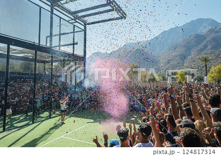 A lively group of fans cheer as colorful confetti fills the air at a padel tournament. The stunning mountain backdrop enhances the festive atmosphere during an exciting match. 124817314