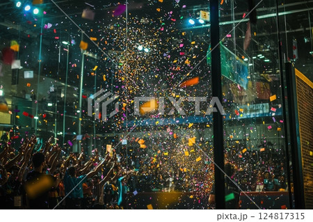 A vibrant crowd cheers and waves their hands in excitement as colorful confetti falls from above during a lively sports competition. The atmosphere is electric with energy. 124817315