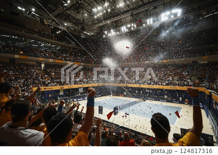 Spectators cheer enthusiastically in a crowded indoor arena as confetti falls from above, celebrating a recent championship victory. The atmosphere is vibrant and electric with excitement. 124817316