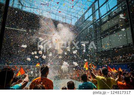 Crowds of enthusiastic fans gather in an open arena, celebrating a thrilling sporting event. Colorful flags wave as confetti bursts fill the air under a bright blue sky, creating a festive atmosphere. 124817317