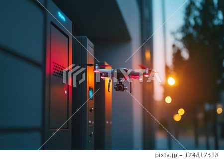 A drone hovers near a building entrance, illuminated by soft glows of surrounding lights. The setting sun casts a warm hue, adding to the modern urban atmosphere. 124817318
