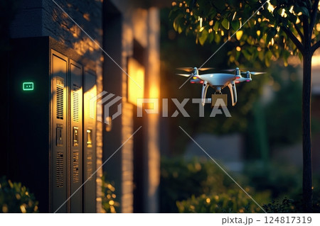 A drone hovers above a modern building with green foliage nearby. The sun sets in the background, casting a warm glow. The drone prepares to deliver a package to its destination. 124817319