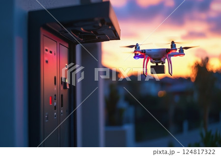 A drone hovers near a mailbox at dusk, preparing to deliver a package in a suburban neighborhood. The vibrant sunset creates a colorful backdrop, enhancing the delivery scene. 124817322