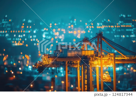 Shipping cranes stand tall, illuminated with warm lights against a blurred city skyline at night. The vibrant city sparkles in the background, showcasing an industrious atmosphere. 124817344