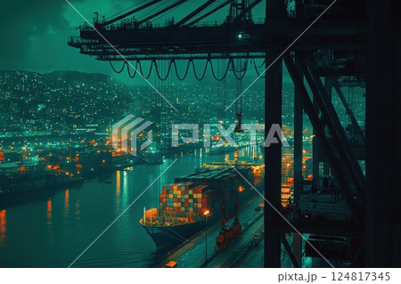 A vibrant port at night showcases illuminated container ships and towering cargo cranes. City lights twinkle in the background as workers and machinery operate efficiently along the waterfront. 124817345