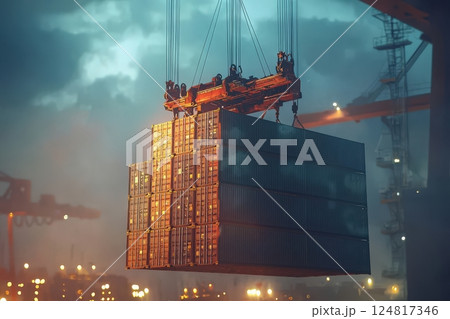 A crane hoists a stack of shipping containers at an industrial port during dusk. The glowing lights of the facility illuminate the containers against a moody sky. 124817346