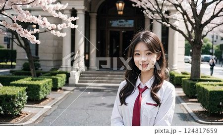 入学式　女子高校生　記念写真　満開の桜 124817659