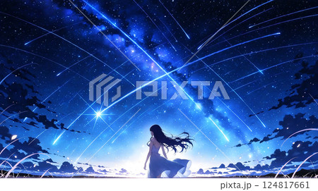 流れ星　星に願いを込める少女　美しい景色 124817661