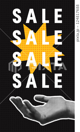 Graphic design featuring a halftone hand reaching towards a bright sale explosion, emphasizing discounts and promotions in a retro pop-art style. . 124817688