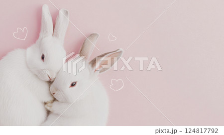 Two cute rabbits with hearts on pink background, St Valentines Day or Easter postcard 124817792