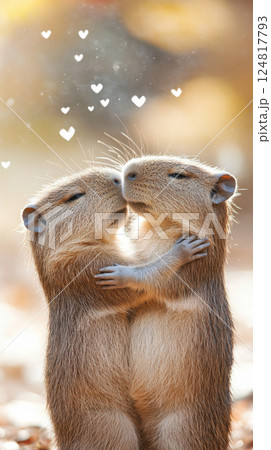 Capybara couple hugging, showcasing animal bonding, St Valentines Day postcard with hearts symbols 124817793