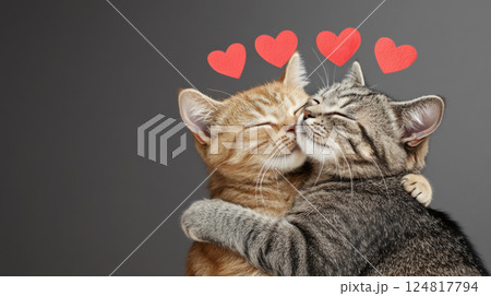 Two kittens cuddling with hearts, suitable for St. Valentines Day postcard 124817794