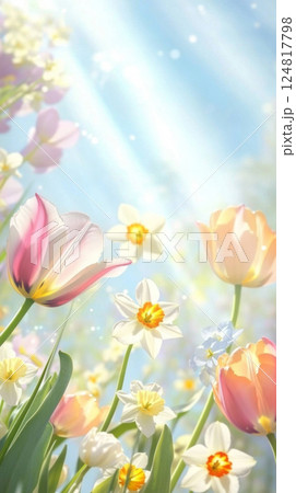 Tulip and daffodil flowers in sunny field with blue sky background, spring season 124817798