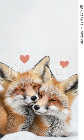 Foxes cuddling with hearts above, depicting love and affection, St Valentines Day postcard 124817799