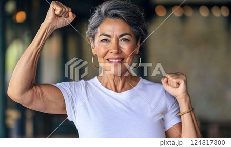Middle aged hispanic woman with raised fist of empowerment, strength and women solidarity, International Womens Day concept 124817800
