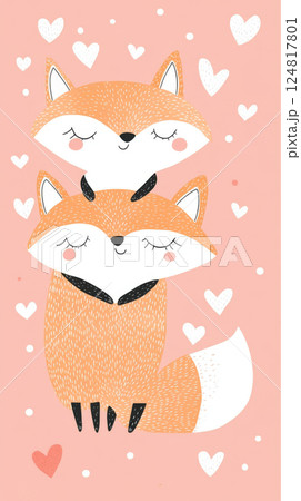 Cute fox couple embracing surrounded by hearts background, St Valentines Day postcard 124817801
