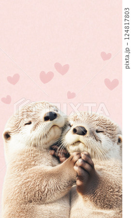 Otter couple embracing with floating hearts on pink background, St Valentines Day postcard 124817803